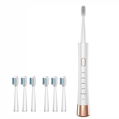 Ultrasonic Electric Toothbrush with 6 Brush Heads-5 Modes,Rechargeable Battery,Lasting 60 Days on Full Charge,31,000 Vibrations per Minute,IPX7 Waterproof,Curved fuselage (White, Adult)