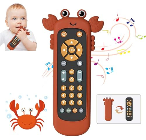 KOESMG Baby TV Remote Control Toy with Soft Silicone Cute Carb Cover, Musical Realistic Play Remote Toy with Light and Sound, 3 Language Educational Learning Toy for 6M+ Boy and Girls
