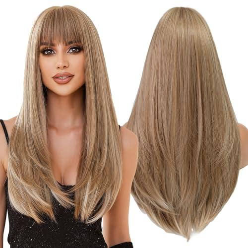 WOKESTAR Blonde Wigs for Women Layered Straight Long Wig with Fringe