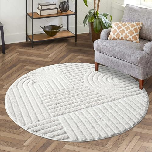 carpet city Teppich Wohnzimmer Hochflor Creme - 120 cm Rund - Hochtief-Muster, 3D-Effekt Geometrisch - Bettvorleger Schlafzimmer Teppiche Boho, Skandi