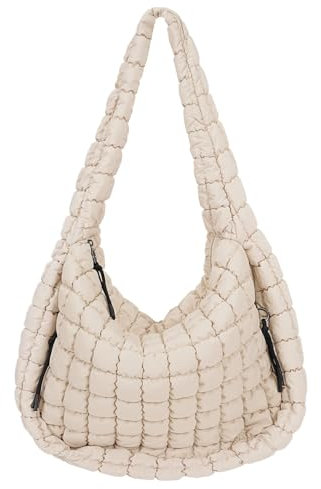 Juoxeepy Quilted Tote Bag Large Quilted Carryall Puffer Shoulder Bag Lightweight Quilted Padding Hobo Bag Quilted Bag, Off-white, L