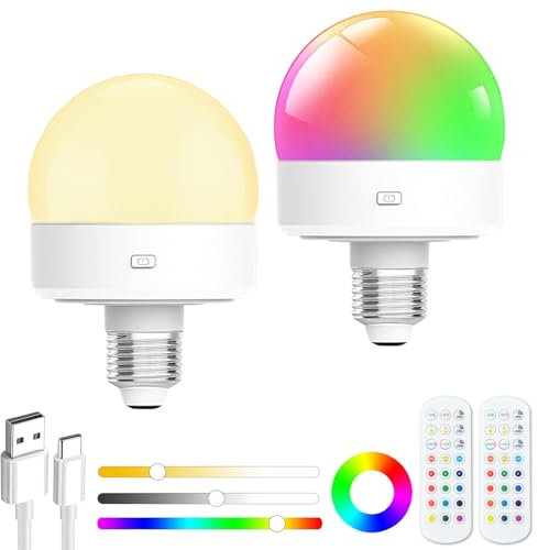 Funlenry Rechargeable Light Bulb with Remote - E27 Battery Light Bulb No Electricity for Wall Sconces, Table Lamp, Hanging Lights, Non-Hardwired (2 Pack)
