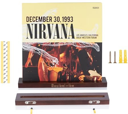 Decibelvibe Estante para discos de vinilo de madera, soporte para jugar ahora, montaje en pared, para mostrar tu disco de vinilo favorito, pantalla de vinilo individual y doble. (marrón)