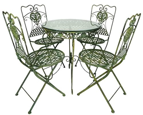 L'Héritier Du Temps Louise 4 Seater Garden Furniture Set in Glass Steel and Cast Iron Patinated Green Charming Outdoor Set