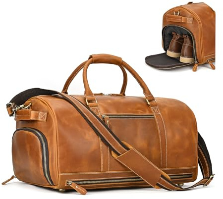 LUUFAN Echtes Leder Reisetasche Geräumige Seesack Gepäcktasche mit Schuhfach, Männer Frauen Vintage Wochenende Umhängetasche für Urlaub Geschäftsreise, Hellbraun