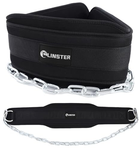 LINSTER Dip Gürtel mit Kette und Karabiner, Gewichtsgürtel mit 36 Heavy Duty Stahlkette für Klimmzuggürtel, 10 mm Neopren Taillen Gewichthebergürtel, Kniebeugen, Krafttraining, Männer und Frauen