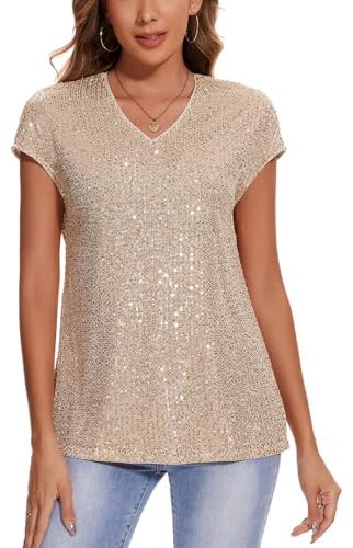 MINTLIMIT Damen Glitzer Shirt Kurzarm Oberteile Glitzertop Pailletten Festlich Tunika V-Ausschnitt (Hellgelb XL)