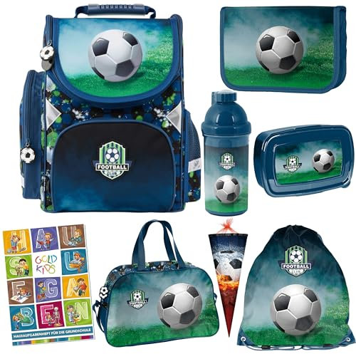 Goldkids - Schulranzen für Jungen, 8er-Set - Schul-Rucksack für Kinder mit Federmäppchen - Schuhbeutel und Hausaufgabenheft - Fußball Motiv - 1-3 Klasse