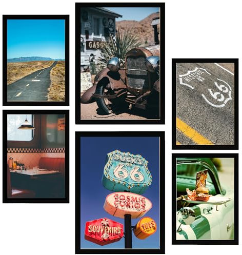 Nacnic Set di 6 Quadri Route 66 Stati Uniti, manifesti e Cultura Illustrazioni di Design per Decorare Le pareti di casa A3 e A4 Cornice Nera