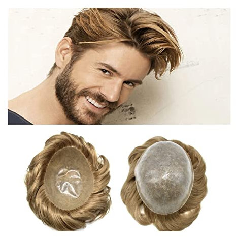 Herren Toupet Toupet for Männer, weiches, echtes europäisches Haar, 0,1–0,12 mm, Silikon, langlebig, komplett PU-injizierte Basis, 15,2 cm, kurzes Haar, 120 % Dichte, Männer-Toupet, Echthaar-System He