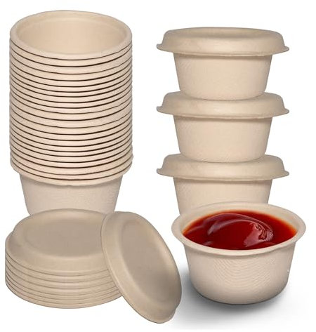 2 Oz Compostable Souffle Portion Cups with Fiber Lids - Condiment Paper Sample Cup with Lid Sugarcane Bagasse, Biodegradable Great For Sauces, Condiments, Slime, Jello Shot, Food Storage (50)