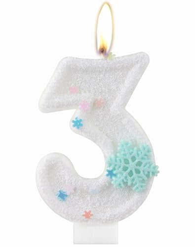 White Snowflake Number 3 Candle, Glitter 3rd Birthday Cake Candle, White Frozen Number Candle, SnowflakeThemed Party Decoration Topper for Girls