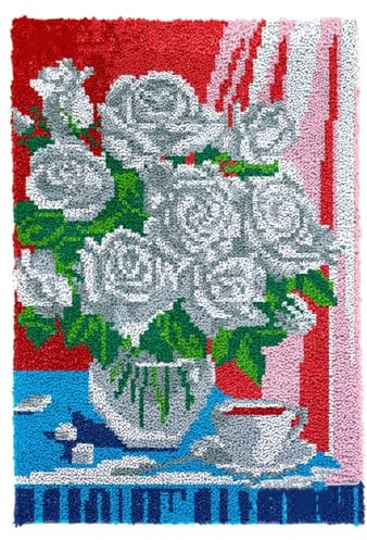 N.LANSHAN Diy-Teppich Knüpfstern Weiße Rose Diy Bastelset Fenstervase Diy Knüpfhaken Kits Handarbeit Stickerei Gobelin Teppich Teppichherstellung Erwachsene Heimwerker Geschenk 31x45in