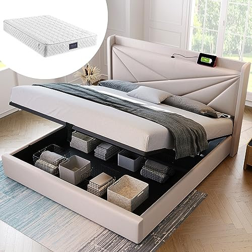 Merax Polsterbett Doppelbett Stauraum Bettkasten mit USB Typ C Ladefunktion Kopfteil,Stauraumbetten Bettgestell aus Leinenmaterial Jugendbett 160x200 mit lattenrost(Mit Matratze)/Beige