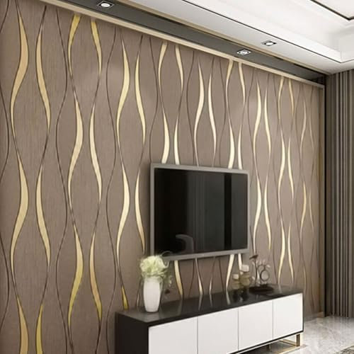 Beswitory Brown Wallpaper Modern Minimalist 3D Yellow Wave Wallpaper for Living Room Bedroom TV Backdrop Kitchen, Feature Long Wave Stripe Geometric Pattern