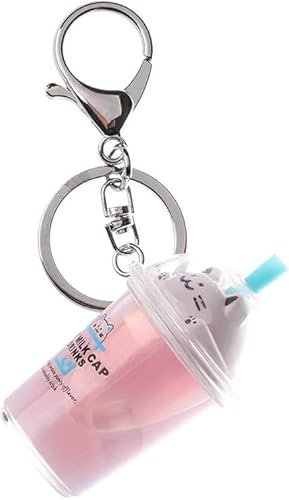 Sluswallow Pink Keychain Milk Tea Cup Key Ring,Cartoon Cat Car Keychain Mini Milk Tea Cup Liquid Crystal Sequin Key Ring Bag Pendant Decoration Accessories, Pink, 2