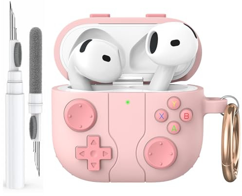 AhaStyle Hülle für AirPods 4 (2024) Mit Reinigungsstift Retro Handheld Game Console Design für AirPods 4. Generation Case Weiches Silikon Schutzhülle Skin für Apple AirPods 4 2024 Ladecase (Rosa)