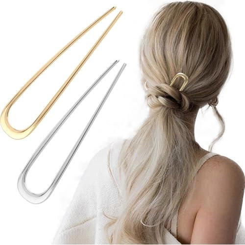 2 horquillas francesas en forma de U de 14,2 cm, horquillas grandes de metal francés para todo tipo de cabello de mujer (oro y plata)