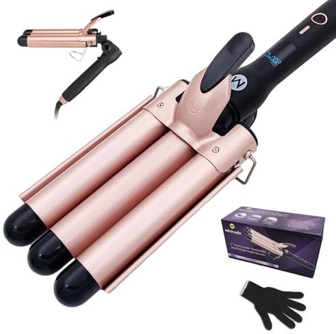 Mistcado 3 Barrel Hair Curler, 25mm Ceramic Tourmaline Hair Curling Iron Waver Wand with LCD Temperature Display, Fast Heating Foldable Crimpers for Travel (Gold)