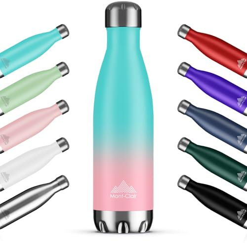 Mont-Clair H2O Gourde isotherme - Bouteille isotherme sans BPA - Gourde inox 500ML, 24h froid & 12h chaud - Bouteille d'eau en acier - 500ML, Cyan & Rose
