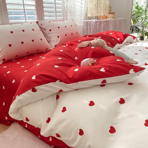 Freyamy Herz Bettwäsche 135x200 4teilig Weiß Rot Herzen Bettwäsche Set | Aesthetic Bettwäsche Mädchen, Microfaser ÖKO-TEX Bettwäsche-Sets, 2 Bettbezug mit Reißverschluss und 2 Kissenbezug 80x80cm
