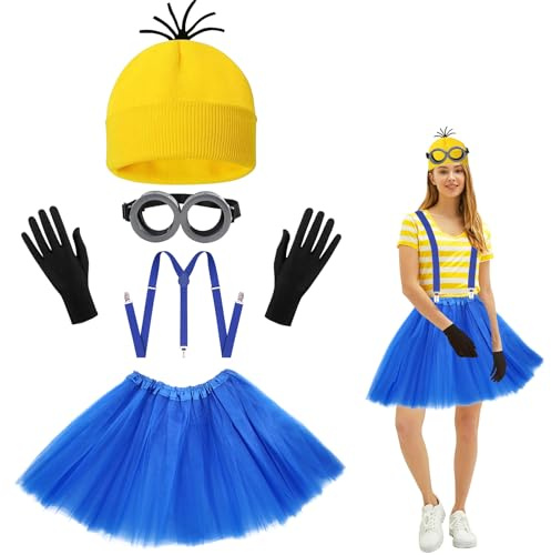 5 Stück Minions Kostüme Zubehör, Brille, Gelbe Mütze, kleiner Rock, Riemen, Schwarze Handschuhe Set, Karneval Kostüm Damen, Kostüm Zubehör für Halloween Cosplay, Karneval Film Kostüm für Damen