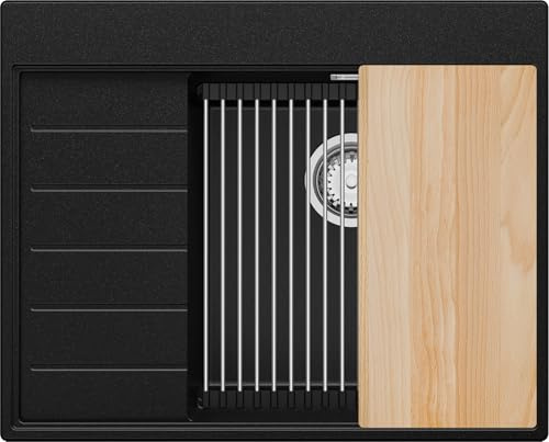 PRIMAGRAN Spülbecken ab 45er Unterschrank + Ablauf-Set, 62x50cm | Set: Ablauf-Set (Siphon, Ablaufgarnitur, Überlauf) + Granitspüle 1 Becken - Sydney Ergo, Schwarz