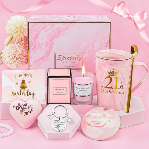 TOLOYE 21st Birthday Gifts for Her, Birthday Presents for 21 Year Old Girls, Pink Mug Cup Gift Set, Happy 21st Gift for Her, Unique Pamper Gifts for Best Friend, Sister, Daughter