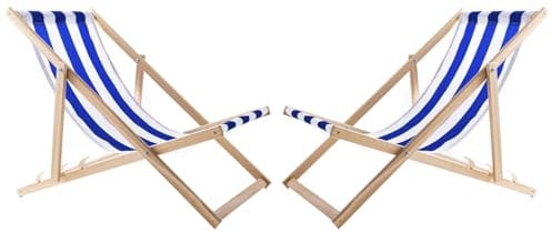 WOODOK 2-er Liegestuhl Set aus Buchholz Strandstuhl Sonnenliege Gartenliege für Strand, Garten, Balkon und Terrasse Liege Klappbar bis 120kg (Blaue Streifen)