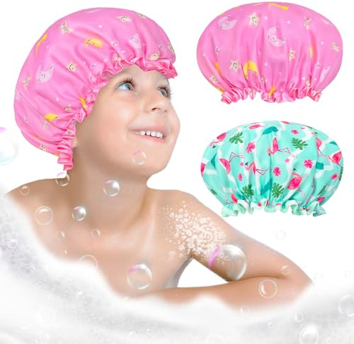 2 Pcs Kids Shower Cap Elastic Band Double Layers Waterproof Shower Caps For Women Girls Reusable Shower Cap With Ruffled Edge Covering Ears For Long, Short & Curly Hair