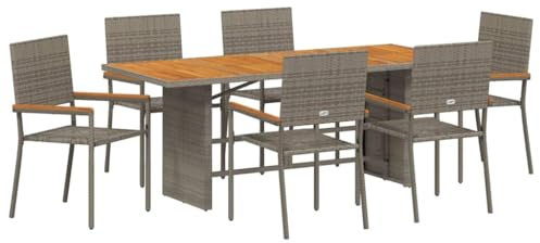vidaXL 7-teilige Gartentischgruppe in Grau aus Poly-Rattan, 6-Sitzer Tisch mit Holzplatte & stapelbaren Stühlen. Stylische Möbel für draußen, UV-beständige Terrasse und Moderne Sitzmöglichkeiten.