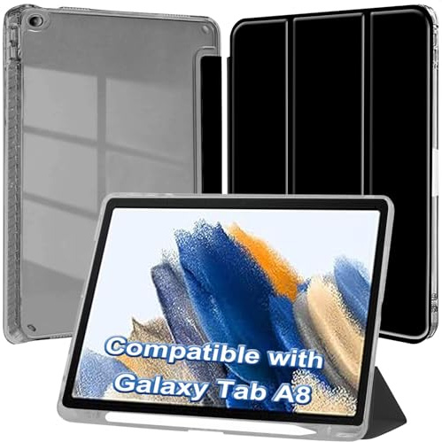 Funda para Samsung Galaxy Tab A8 10,5 Pulgadas 2021 (SM-X200/X205/X207) con Soporte para S Pen, Slim Clara Transparente Trifold Folio Tableta Carcasa, Auto-Sueño/Estela, Negro