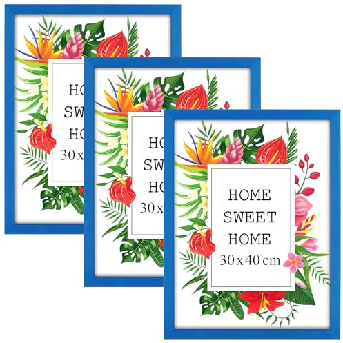 MG Design Set aus 3 Blau Bilderrahmen A3 29,7 x 42 cm – Aus echtem Holz mit Acrylglas, zum Aufhängen & Aufstellen, für Fotos, Poster & Puzzle