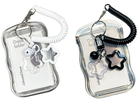 Lot de 2 porte-cartes photo avec cordon à ressort - Porte-cartes photo en silicone - Pendentif cloche en forme d'étoile - Pour cartes de crédit - Étui pour cartes à collectionner - Pour étudiants