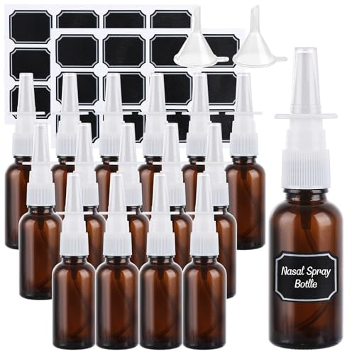 Aramanara 16 Pcs 30 ml Nasal Spray Bottle, Amber Glass Nose Fine Mist Sprayer, Empty Refillable Direct Spray Container with Funnels and Label for Saline Solution Water Perfume Travel