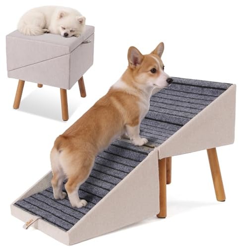 Hunderampe für Bett und Couch, Hundetreppe für große, mittlere und kleine Hunde, klappbare 2-in-1-Holztreppe für Welpen, ältere und verletzte Hunde, geteiltes Ottomane-Design (Aprikose-43,5 cm hoch)