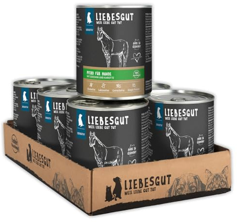 Liebesgut Bio Hundefutter Nass Pferd mit Zucchini und Karotte, extra viel Fleisch, 6x800g, produziert in Bayern