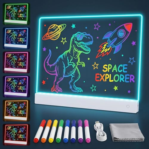 10Pcs LED Drawing Board, 16-Inch Rechargeable LED Drawing Lamp & Glow Pad with Neon Glow & 7 Markers, Cleaning Cloth and Stand for Art Gifts & Birthday