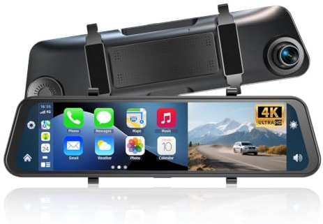 11.8 Mirror Dash Cam Front and Rear 4K+1080P, Car Camera DashCam with CarPlay and Android Auto, Rear View Mirror Dash Cam Night Vision Parking Assist G-Sensor 24H Parking Monitoring (with 64GB Card)