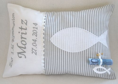Glückspilz Namenskissen Kommunion I Kissen mit Namen personalisiert I Geldgeschenk I Fisch Grau