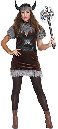 FIESTAS GUIRCA | Wikingerin Kostüm für Damen (42-44/L) - Kleid, Haarband, Gürtel und Hörner - Nordische Kriegerin Kostüme für Halloween, Karneval und Wikingerpartys - Braun und Grau