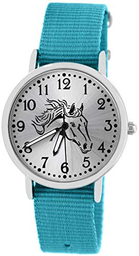 Pacific Time Mädchen Armbanduhr Uhr Pferd Pferdemotiv analog Quarz mit Textilarmband hellblau 10408