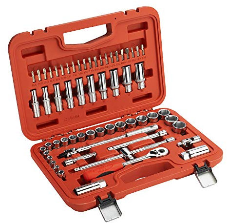 61Pcs 3, 8 Inch Drive Socket Set Includes Standard And Deep Sockets, QuickRelease Softgrip Ratchet, Bits, Extensions, Universal Joint, Spark Plug, 6-Point, Cr-V, Metric