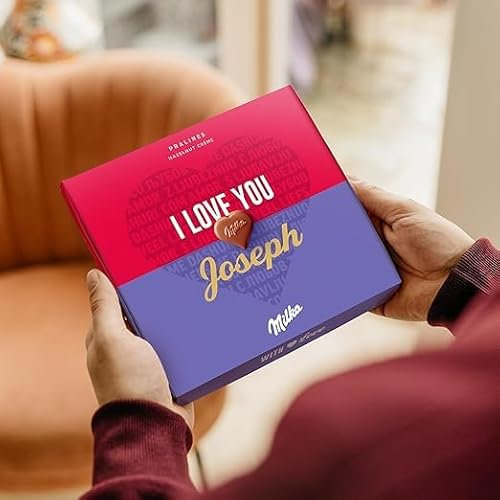 Chocolat Milka Personnalisé - Pralines en forme de coeur, Cadeaux en chocolat fourrés à la crème de noisettes et de nougat (110 - grammes, Milka)