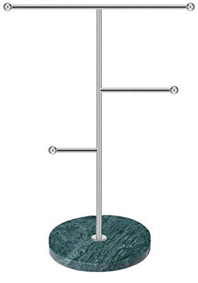 Jewelry Organizer,Metal T-Bar Necklace Display Stand Earrings Holder for Home, Hanging Pendant Rack with Marble Pattern Round Tray for Bracelets Rings Watches (B-Blue)