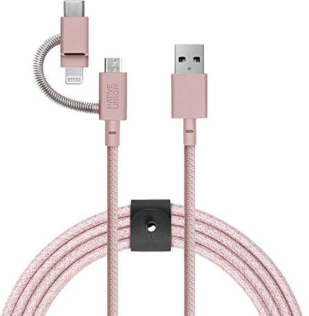 Native Union Belt Cable Universal - 2m (6.5ft) Ultra-Strong Reinforced [MFi Certified] Durable Charging Cable with 3-in-1 Adaptor for Lightning, USB-C and Micro-USB Devices (Rose)