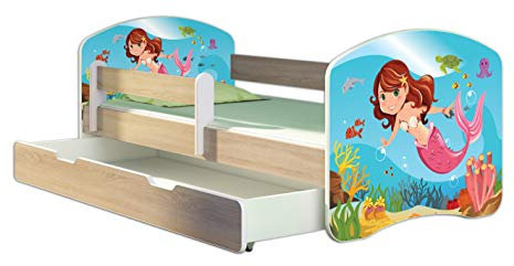 Kinderbett Jugendbett mit einer Schublade und Matratze Sonoma mit Rausfallschutz Lattenrost ACMA II 140x70 160x80 180x80 (09 Meerjungfrau, 180x80 + Bettkasten)
