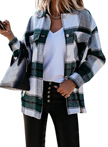 Tomwell Veste à Carreaux Femme Surchemise en Laine Chemise Décontracté Oversized Blouse A Vert L