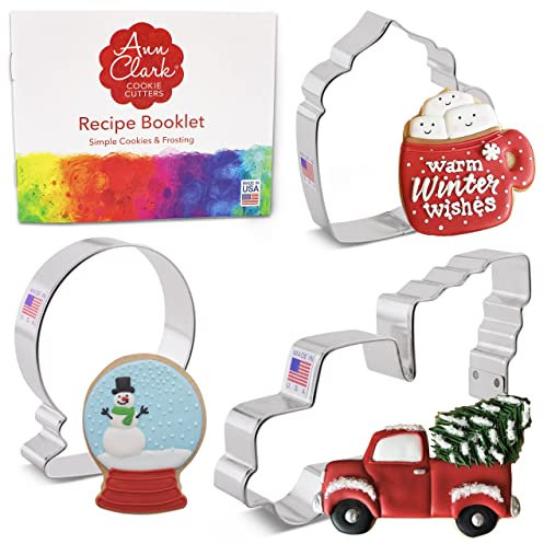 Lot de 3 emporte-pièces amusants pour l'hiver, fabriqués aux États-Unis par Ann Clark, boule à neige, camion avec arbre, tasse à café