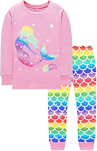 Toddler Girls Pyjamas 100% Cotton Mermaid Sleepwear Long Sleeve Pjs Winter Children Pajamas Fall Warm T Shirt and Pants Kids 2 Pieces Outfit Age 3-4 Years
